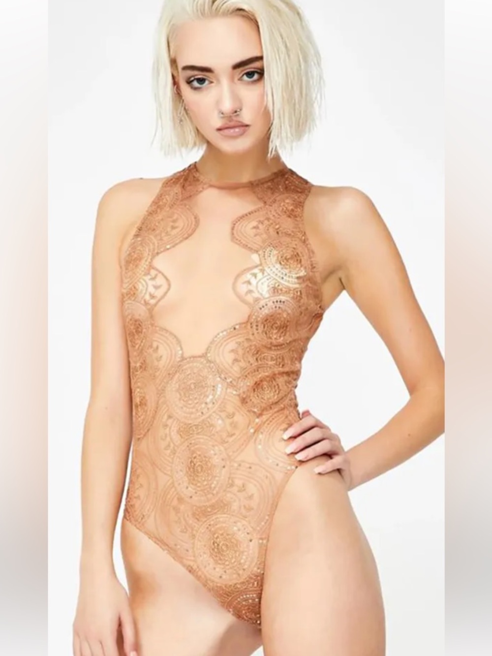 Thistle & Spire Gold Sequin Embroidered Sheer Bodysuit Large